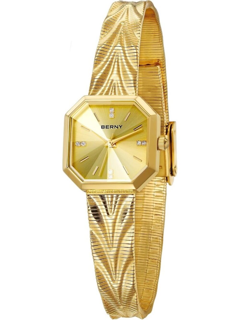 Women's Gold-Sunray Octagonal Case Waterproof Stainless Steel Luxury Wrist Watch